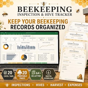 May include: A digital beekeeping inspection and hive tracker displayed on a laptop screen, accompanied by printed log sheets. The dashboard shows data for hives, honey harvest, and expenses. Includes 20 Excel tabs, 20 printable pages in A4 and US Letter.