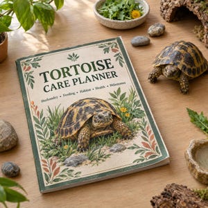 Puede incluir: Un libro rectangular Tortoise Care Planner con cubierta color crema, borde verde e ilustraciones botánicas. El texto dice Tortoise Care Planner, Husbandry, Feeding, Habitat, Health, Milestones. Una imagen central muestra una tortuga.