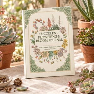 Puede incluir: Un diario rectangular con una cubierta de color crema que presenta una ilustración botánica de varias suculentas y flores. El texto dice SUCCULENT FLOWERING & BLOOM JOURNAL, Buds, Blooms, Pollination, Seeds y Seasonal Records.