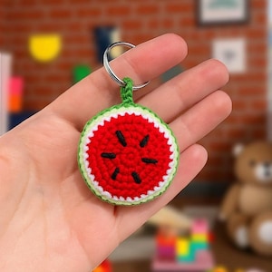 Crochet Watermelon Keychain Pattern, Amigurumi Watermelon Keychain Pattern PDF in English, Fruit Keychain Pattern