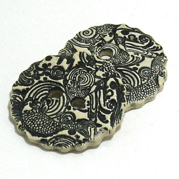 Ceramic Buttons - Black Koi Fish Buttons (Set of 2, Two-Hole Handmade Buttons, OOAK)
