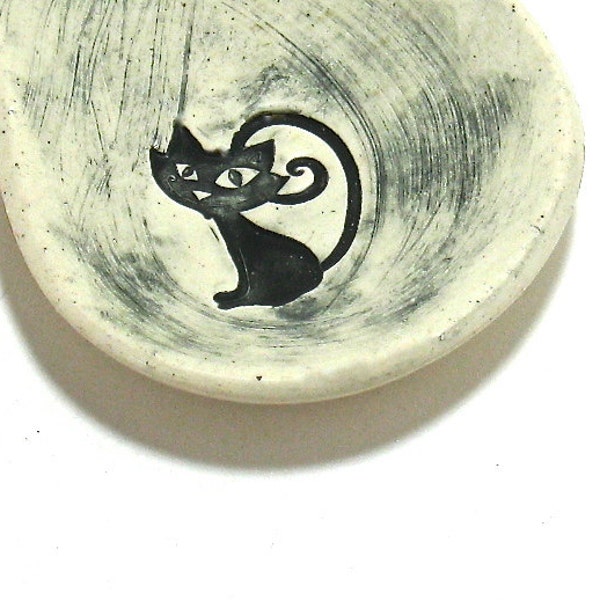 Ceramic Spoon Rest / Trinket Dish - Cheshire Cat, Halloween Plate, Halloween Spoon Rest, Black Spoon Rest (OOAK Ceramic Small Trinket Dish)