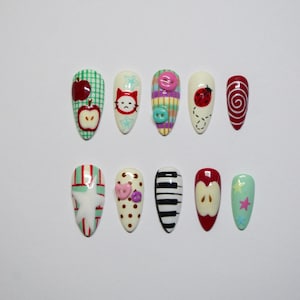 Hand-Painted Press-On Nails: Piano, Ladybug, Apple - Retro Indie Nail Set - Twee Nails