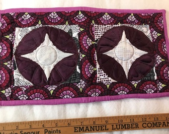 Handmade Quilted Trivet - Cathedral-Window 8.5" by 15" Purple/White/Black, Upcycled, 1x2