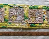 Handmade Quilted Mini Table Runner - Eight-Point-Star 28 quot by 9 quot Yellow Green Plumeria Upcycled