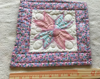 Handmade Quilted Trivet or Mug Rug - Eight-Point-Star 9" by 9" Pink/Blue Upcycled