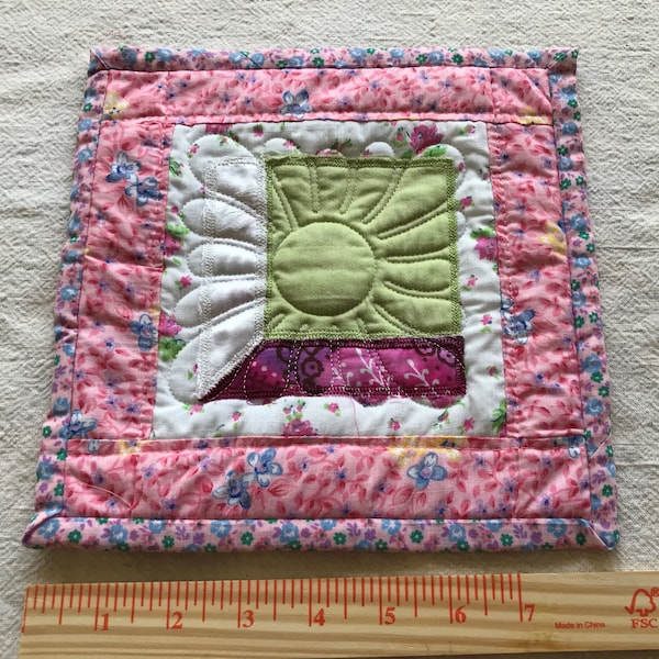 Handmade Quilted Trivet or Mug Rug - Attic Window 8" by 8" Pink/Green Upcycled