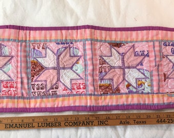 Handmade Quilted Mini Table Runner - Eight-Point-Star 29" by 9", Pink/Purple/Plaid, Upcycled, 1x4