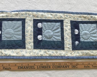 Handmade Quilted Table Mini-Runner or Trivet - Attic-Window 9" by 22" Blues, Upcycled, 1x3