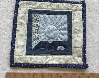 Handmade Quilted Trivet or Mug Rug - Attic Window - 8.5" by 8.5" Blues Upcycled