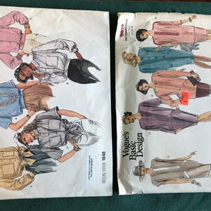 May include: Two vintage Vogue's Basic Design sewing patterns. The first pattern is for a blouse and has a pattern number of 1648. The second pattern is for a dress and has a pattern number of 2010.