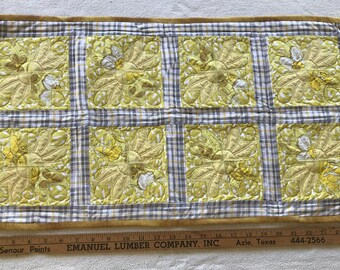 Handmade Quilted Mini Table Runner - Eight-Point-Star - 28" by 15" - 4x2 - Yellow/Gray - Upcycled