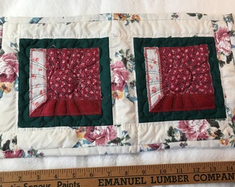 Handmade Quilted Trivet - Attic-Window 8.5" by 15" Green/Red/Pink, Upcycled, 1x2