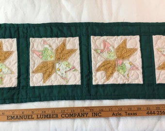 Handmade Quilted Mini Table Runner - Eight-Point-Star 30" by 9", Green/Pink/Gold, Upcycled, 1x4