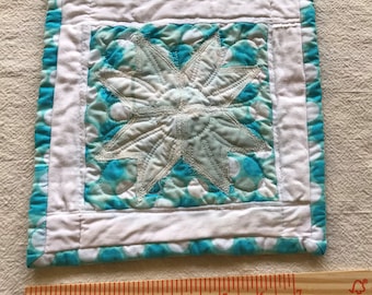 Handmade Quilted Trivet or Mug Rug - Eight-Point-Star 9" by 9" Aqua/White Upcycled