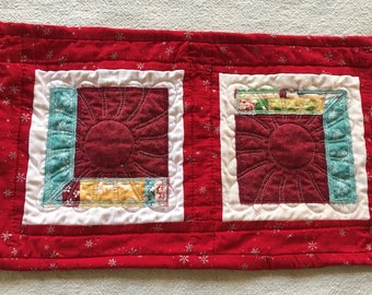 Handmade Quilted Trivet - Attic Window 15" by 8" Christmas Red Snowflakes Upcycled, 2x1