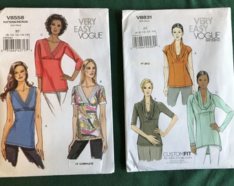 Women's Clothing Pattern Lot of 2 - Very Easy Vogue Tops - 8 - 10 - 12 - 14