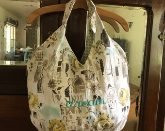 Practical Fabric Tote Bag, Brown/Cream, "dream" embroidery