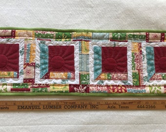 Handmade Quilted Mini Table Runner - Attic Window 28" by 9" Red/Gold/Green Christmas - Upcycled, 1x4