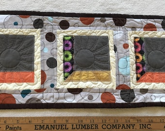 Handmade Quilted Table Mini-Runner or Trivet - Attic-Window 8.5" by 22" Brown/Orange/Gray, Upcycled, 1x3