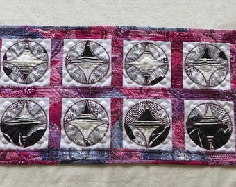 Handmade Quilted Table Runner - Cathedral-Window, Pink/Purple/Black 15" by 43", Upcycled, 2x6