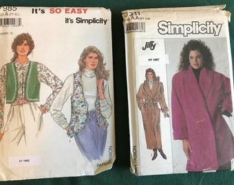 Women's Clothing Pattern Lot of 2 - Simplicity Coat Vest - PT-LG-XL 1980's