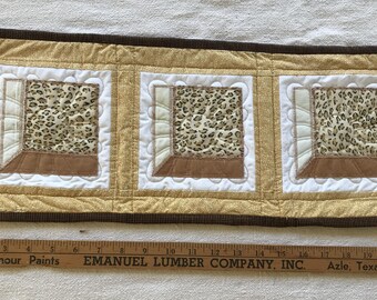 Handmade Quilted Table Mini-Runner or Trivet - Attic-Window 8.5" by 22" Brown/Gold/Leopard, Upcycled, 1x3