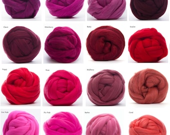 Merino Wool Roving 4 oz - 22.5 Micron, 21 Red colors available, Combed Top / Spinning Fiber / Felting Fiber