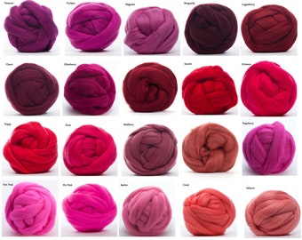 Merino Wool Roving 4 oz - 22.5 Micron, 21 Red colors available, Combed Top / Spinning Fiber / Felting Fiber