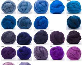 Merino Wool Roving 22.5 Micron - 1 oz, 18 Blue and Violet colors available, Combed Top / Spinning Fiber / Felting Fiber