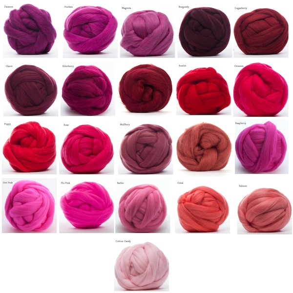 Merino Wool Roving 4 oz - 22.5 Micron, 21 Red colors available, Combed Top / Spinning Fiber / Felting Fiber