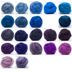 Merino Wool Roving 22.5 Micron - 1 oz, 18 Blue and Violet colors available, Combed Top / Spinning Fiber / Felting Fiber