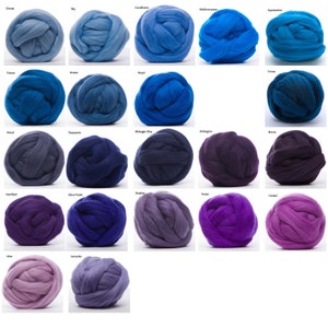 May include: A collection of 20 balls of wool yarn in various shades of blue, purple, and lavender. The yarn is arranged in rows of five, with each ball labeled with a color name.