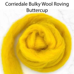 May include: A bright yellow Corriedale bulky wool roving, called Buttercup. The wool is soft and fluffy, perfect for felting or spinning.