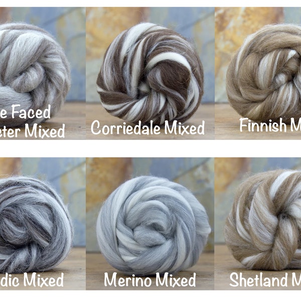 Natural Wool Roving 1 oz-Sel - Blue Faced Leicester Mixed/Corriedale Mixed/Finnish Mixed/Icelandic Mixed/Merino Mixed/Shetland Mixed