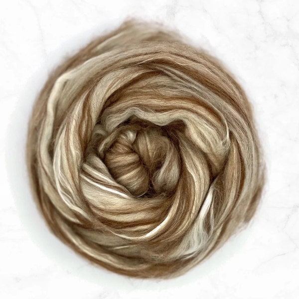 Superfine Merino / Brown Alpaca / Camel / Mulberry Silk Top - 4 ounces, Spinning Fiber