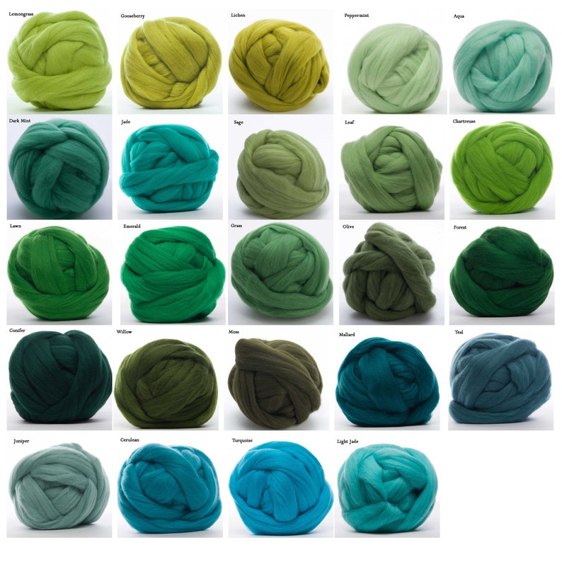 May include: A collection of 25 balls of wool yarn in various shades of green and blue. The yarn is arranged in five rows of five balls each. The yarn is labeled with names such as Lemongrass, Gooseberry, Lichen, Peppermint, Aqua, Dark Mint, Jade, Sage, Leaf, Chartreuse, Lawn, Emerald, Green, Olive, Forest, Conifer, Willow, Moss, Mallard, Teal, Juniper, Cerulean, Turquoise, Light Jade.