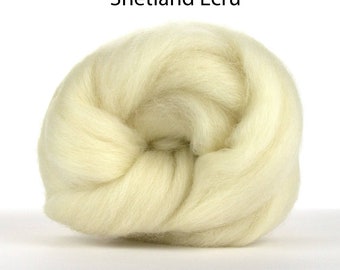 May include: A close-up of a ball of Shetland Ecru wool roving. The wool is a light cream color and is very soft and fluffy.