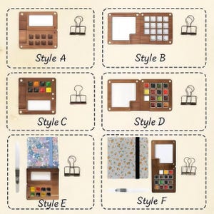 May include: A collection of watercolor palettes and notebooks. The image showcases six different styles of wooden watercolor palettes, each with a unique arrangement of paint wells. Some styles include notebooks and binder clips. Text labels each style.