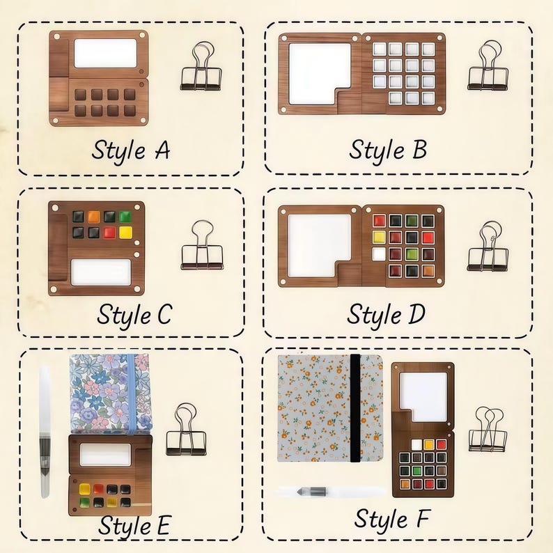 May include: A collection of watercolor palettes and notebooks. The image showcases six different styles of wooden watercolor palettes, each with a unique arrangement of paint wells. Some styles include notebooks and binder clips. Text labels each style.
