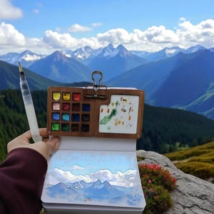 Wooden Travel Palette for Artists, Walnut Wood Portable Travel Watercolor Kit with Sketchbook, Painting Gift, Artist Gift, Gift for her