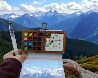 Paleta de acuarela de viaje de madera de nogal con cuaderno de bocetos, regalo de artista personalizado