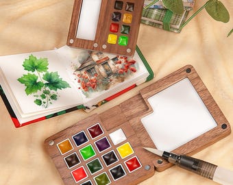 Portable Travel Watercolor Palettes Set, Mini sketchbook, Birthday Gift, Wooden Grid Paint Box for Painters Artists, Personalized Gift