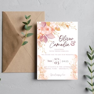 Blush and Gold Wedding Invitation Template| Editable Floral Wedding Invite| Printable Digital Wedding Card|romantic Elegant Wedding Invite