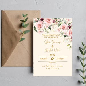 Pink Cream Floral Wedding Invitation Editable Canva Template Digital Download Romantic Elegant Design|botanical wedding invitation editable