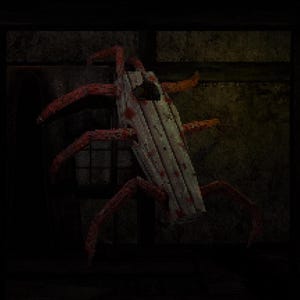 May include: A wooden insect-like sculpture with six red legs and a rectangular body. The body is made of light-coloured wood with dark lines and red splatters. The background is dark and textured.