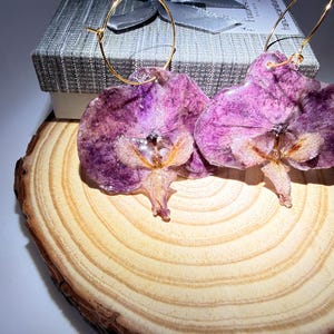 Peut inclure: Boucles d'oreilles créoles dorées avec des fleurs d'orchidées violettes préservées. Les boucles d'oreilles sont présentées sur une tranche de bois, avec une boîte cadeau en arrière-plan. Les fleurs ont un aspect délicat et translucide.
