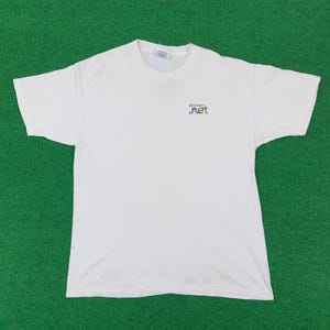Pode incluir: Uma t-shirt branca de manga curta com gola redonda e o logótipo Microsoft .net impresso em letras pequenas e multicoloridas na parte superior esquerda do peito. A peça é feita de tecido branco liso com um corte padrão e mangas curtas.