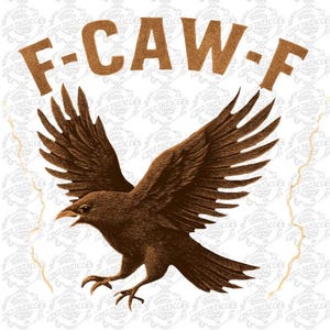 Könnte beinhalten: Illustration eines braunen Raben mit ausgebreiteten Flügeln und dem Text "F-CAW-F" darüber. Der Rabe ist detailliert mit sichtbaren Federn und einem leicht geöffneten Schnabel. Der Hintergrund hat ein sich wiederholendes Muster.