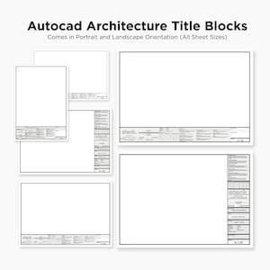 Pu&ograve; includere: Diversi blocchi titolo di architettura AutoCAD bianchi in orientamento verticale e orizzontale. Ogni blocco ha un bordo nero e una sezione per le informazioni. Il testo "Autocad Architecture Title Blocks" &egrave; in alto.